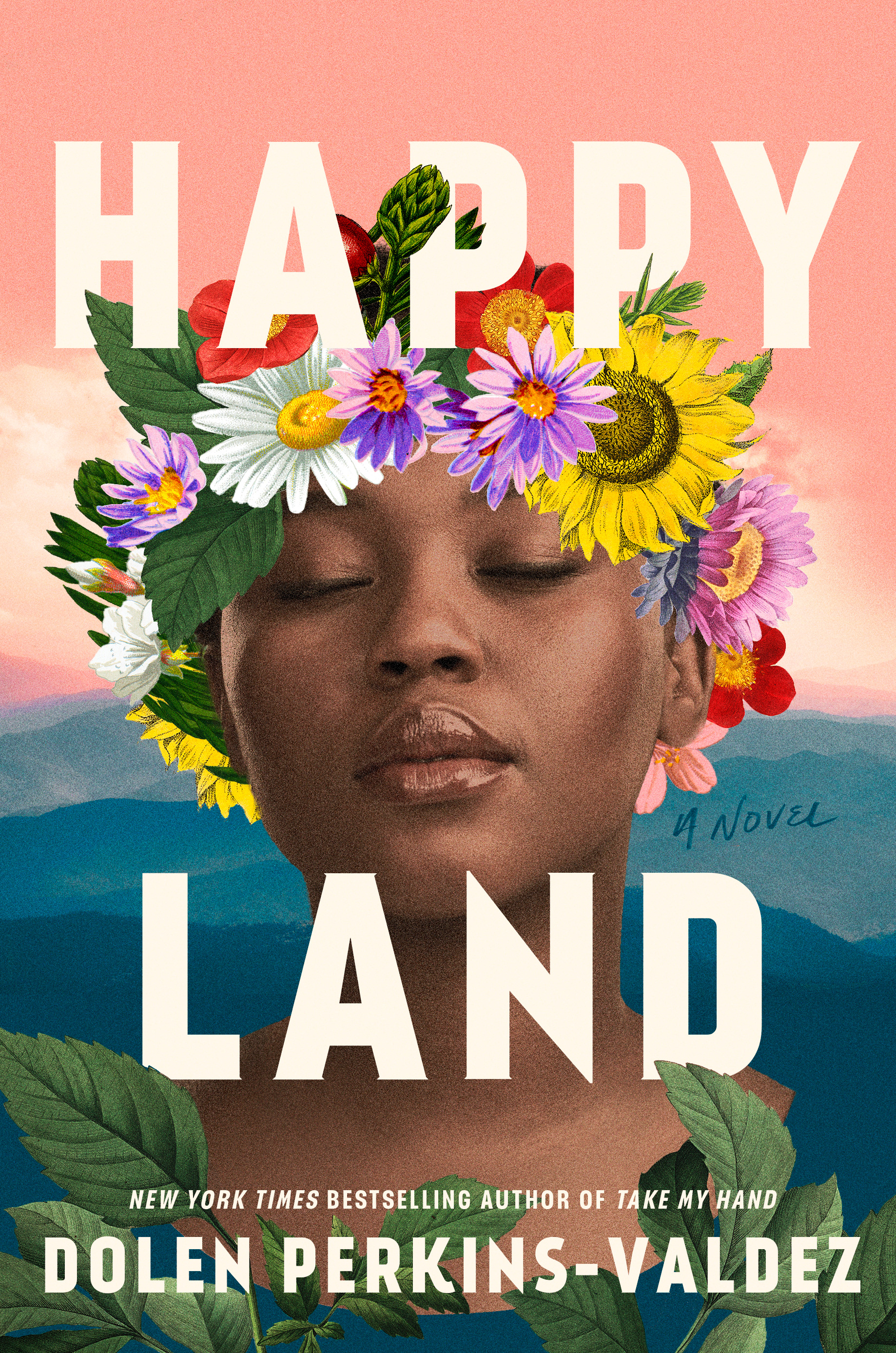 Cover image for Happy Land by Dolen Perkins-Valdez. A Black woman with a flower crown with her eyes closed.